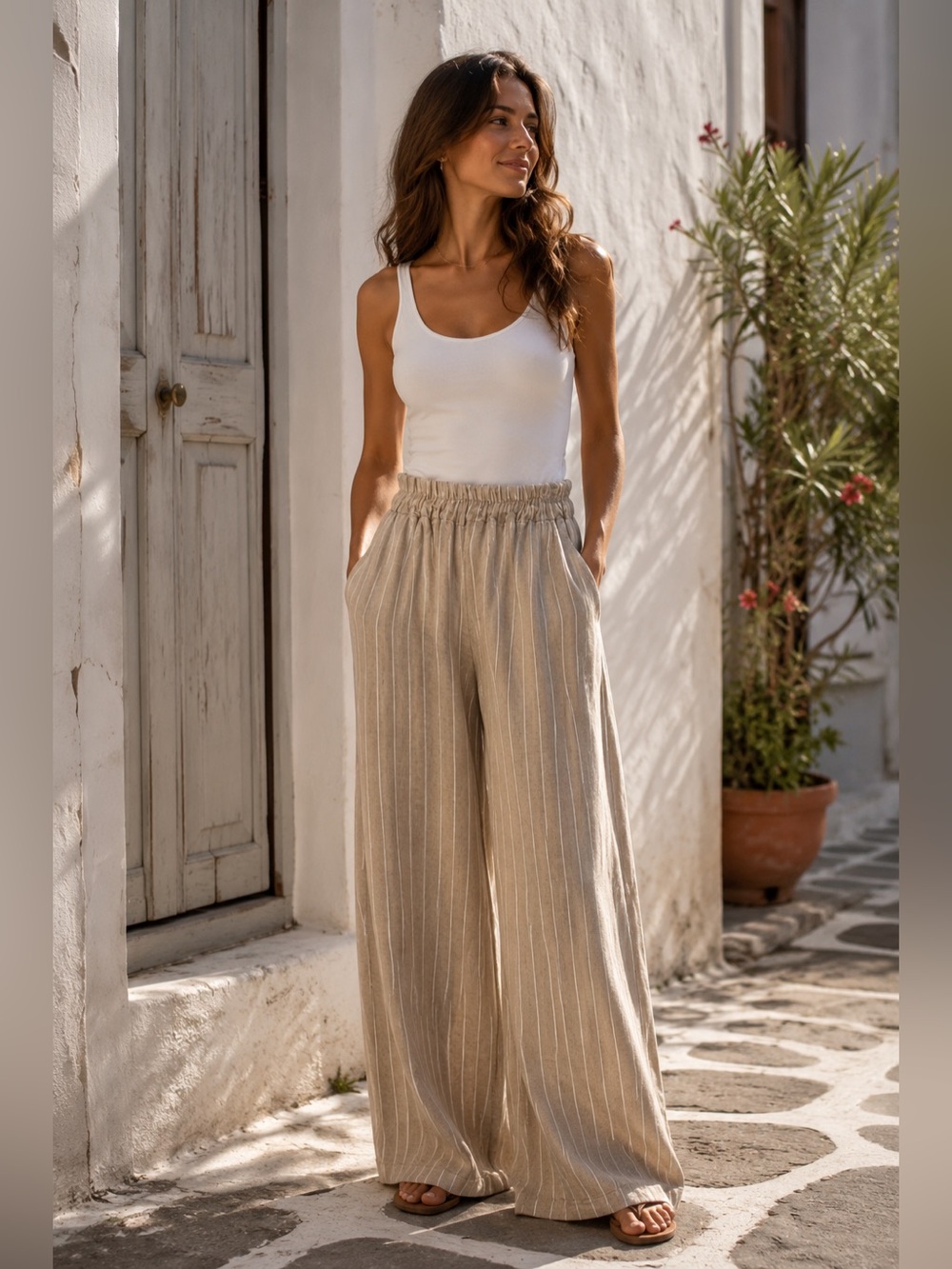 GIUSY Made in Italy Linen Wide Leg Pants Striped Elastic Waist Small